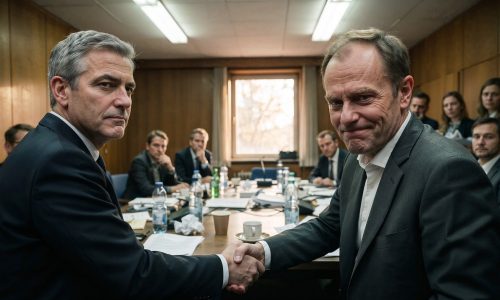 OPEC石油部长会议现场，各国代表围桌讨论原油产量政策，庄重专业的国际会议氛围